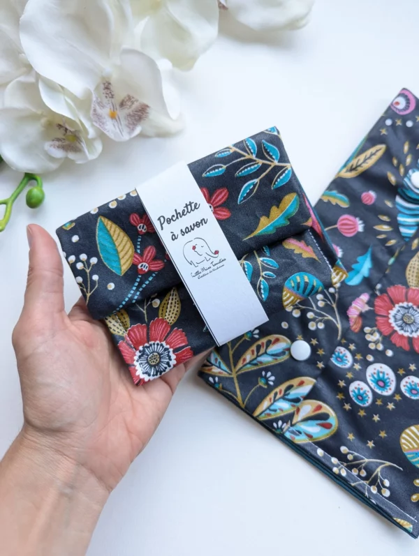 Pochette à savon pression - Végétal Bleu
